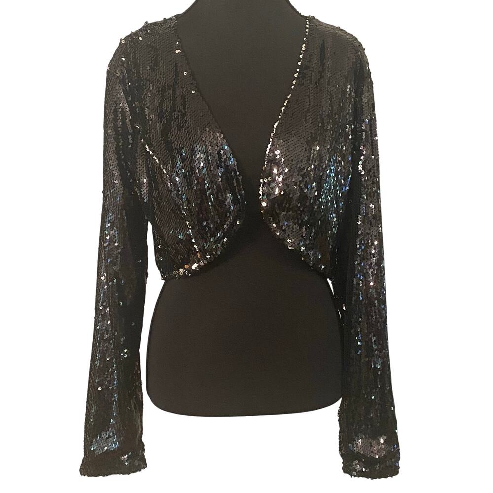 NWT Meaneor Black Sequin Cropped Bolero Jacket Size Large Bling Formal Party